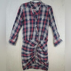 NO Label “VERONICA BEARD” Navy Red Plaid Ruched Pearl Snap Shirt Dress Size XS